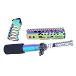 Custom iridescent AR parts with chameleon finish, featuring handguard, grip, and buffer tube.