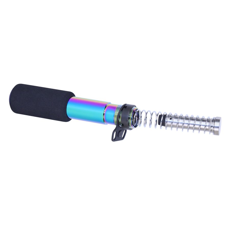 Close-up of iridescent telescope focusing mechanism with black grip and helical adjustment assembly.