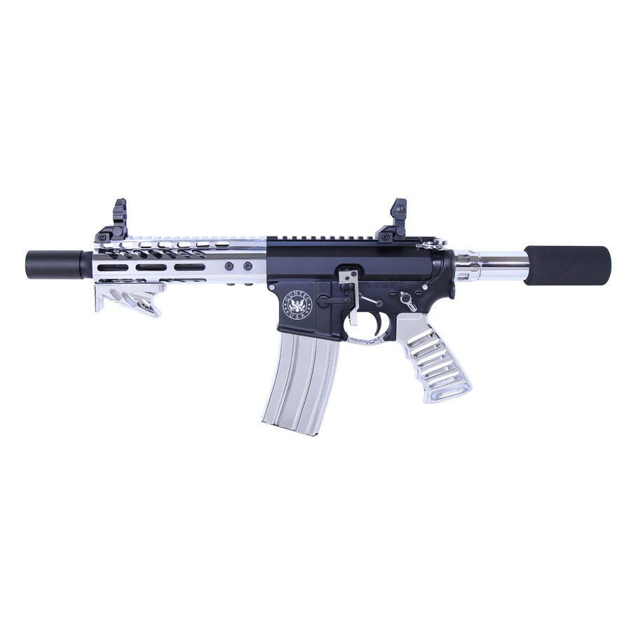 Compact white AR-15 rifle with suppressor, rail system, and contrasting black components.