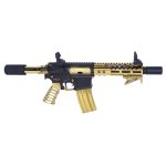 Gold and black AR-15 tactical carbine with suppressor and adjustable stock on white background.