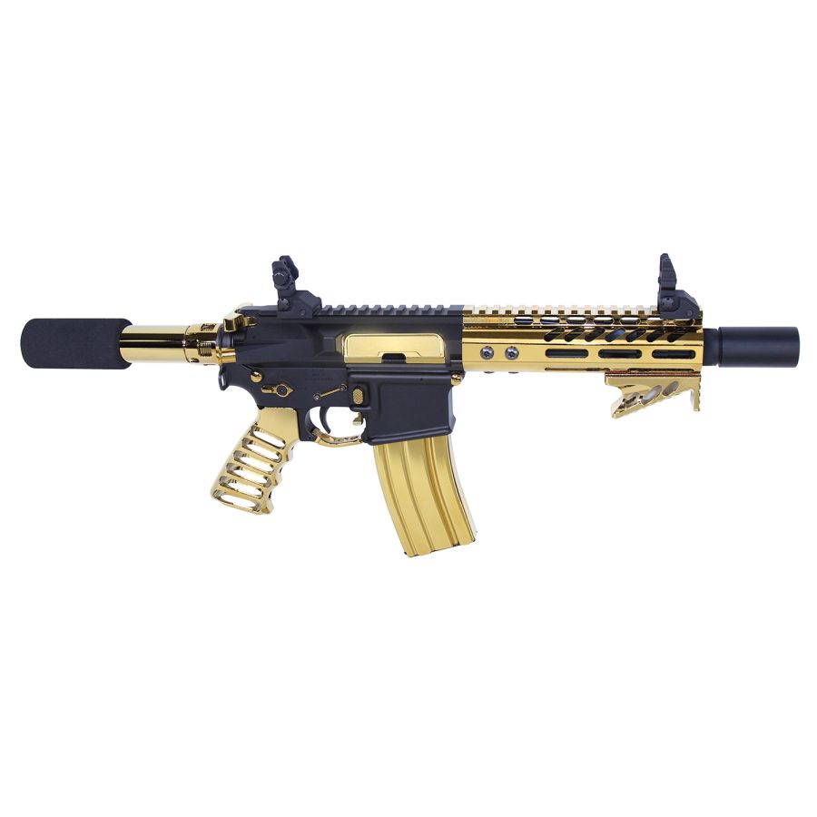 Gold and black AR-15 tactical carbine with suppressor and adjustable stock on white background.