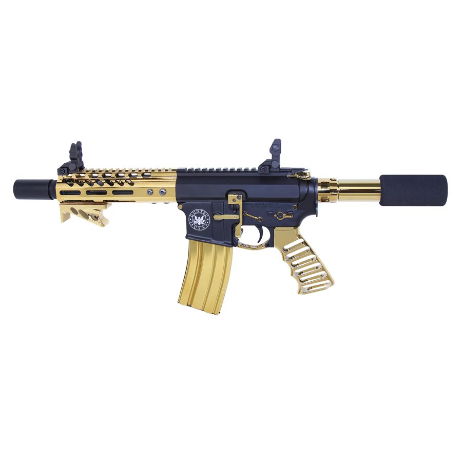 Compact gold and black AR-style tactical pistol with railed handguard and suppressor.