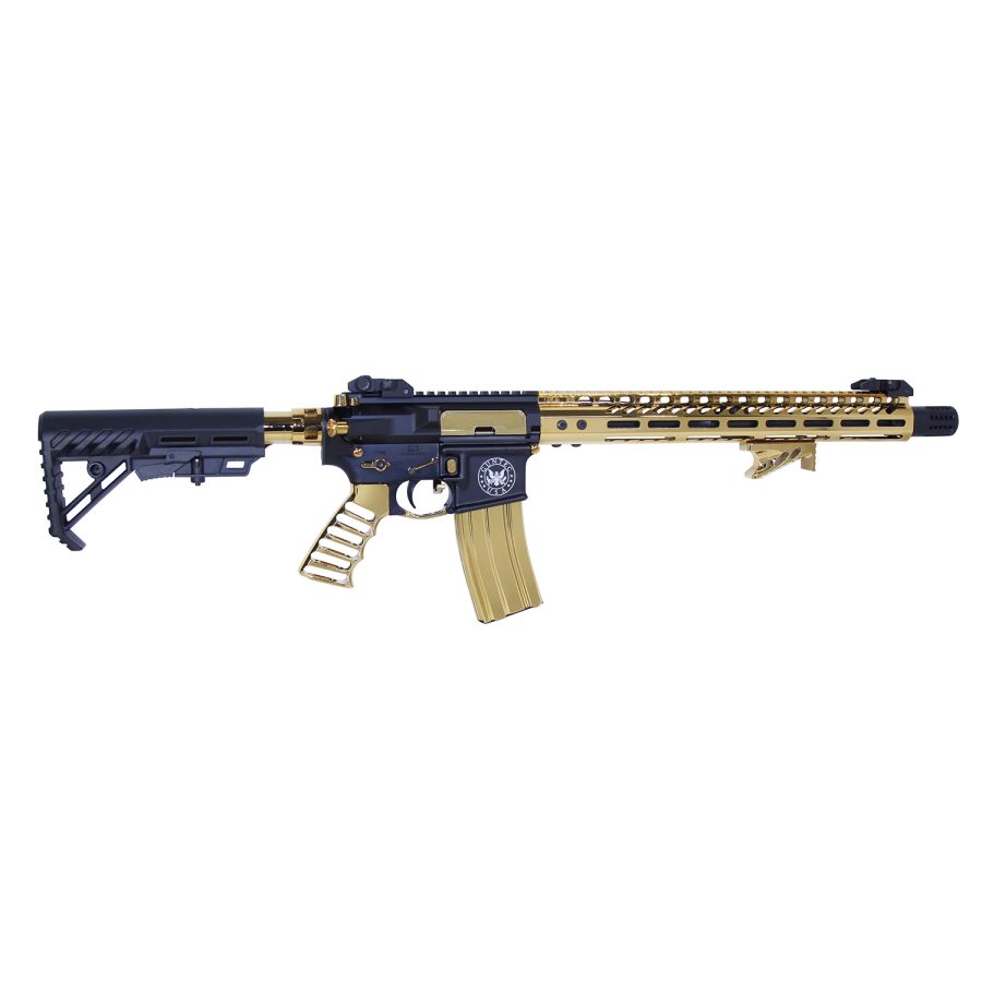 Customized AR-15 rifle with black receiver and gold-tan handguard, stock, and magazine.