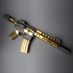 Luxury black and gold AR-15 rifle with custom design, matte body, and gold accents.