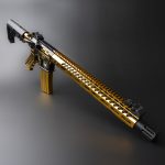 Custom gold and black AR-style rifle with aftermarket accessories against a gray background.