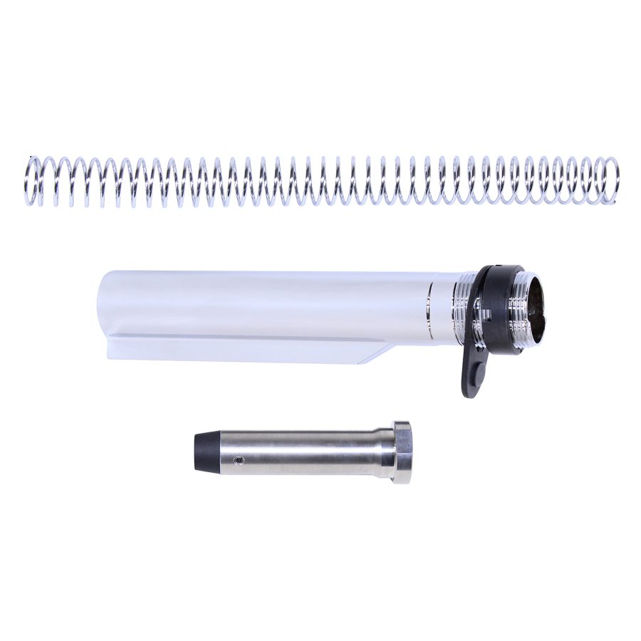 Disassembled AR-15 buffer tube assembly with spring, tube, and buffer for recoil management.