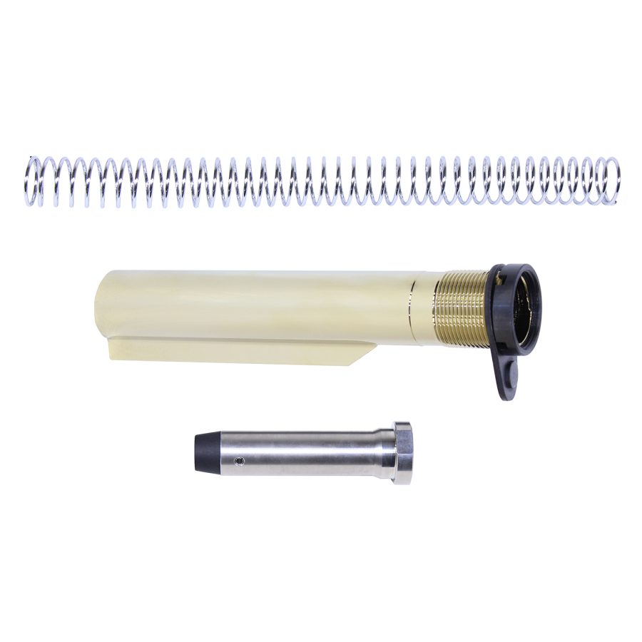 Disassembled AR-15 buffer tube assembly for FDE setup on white background.