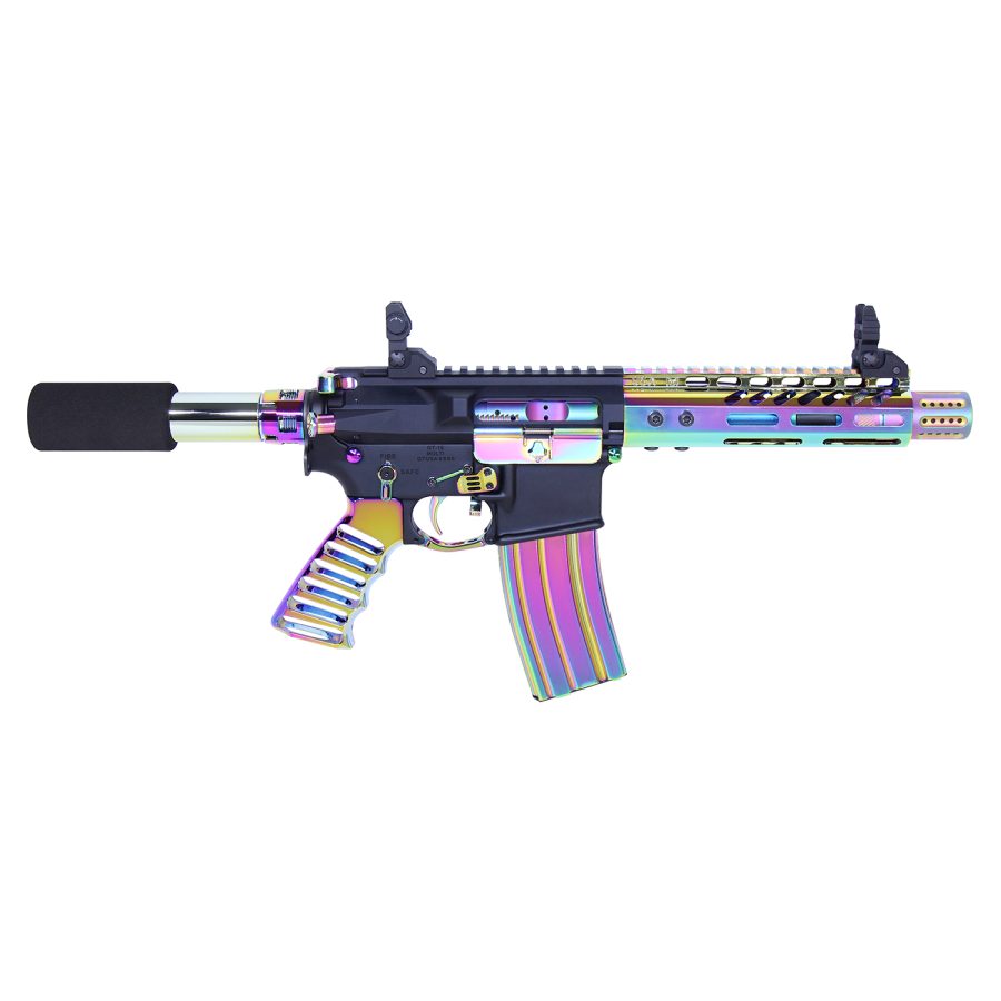 Iridescent AR-15 rifle with rainbow finish, silencer, and skeletal handguard for customized design.