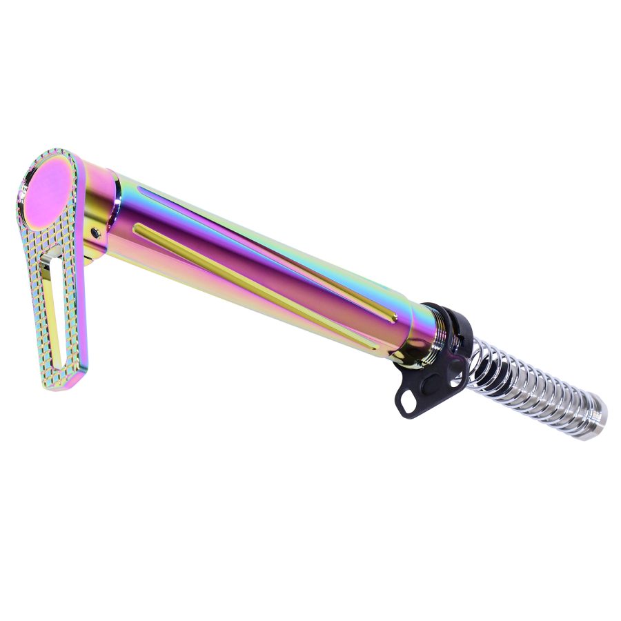 Iridescent curling wand with rainbow finish, textured grip, creates defined curls with even heat distribution.