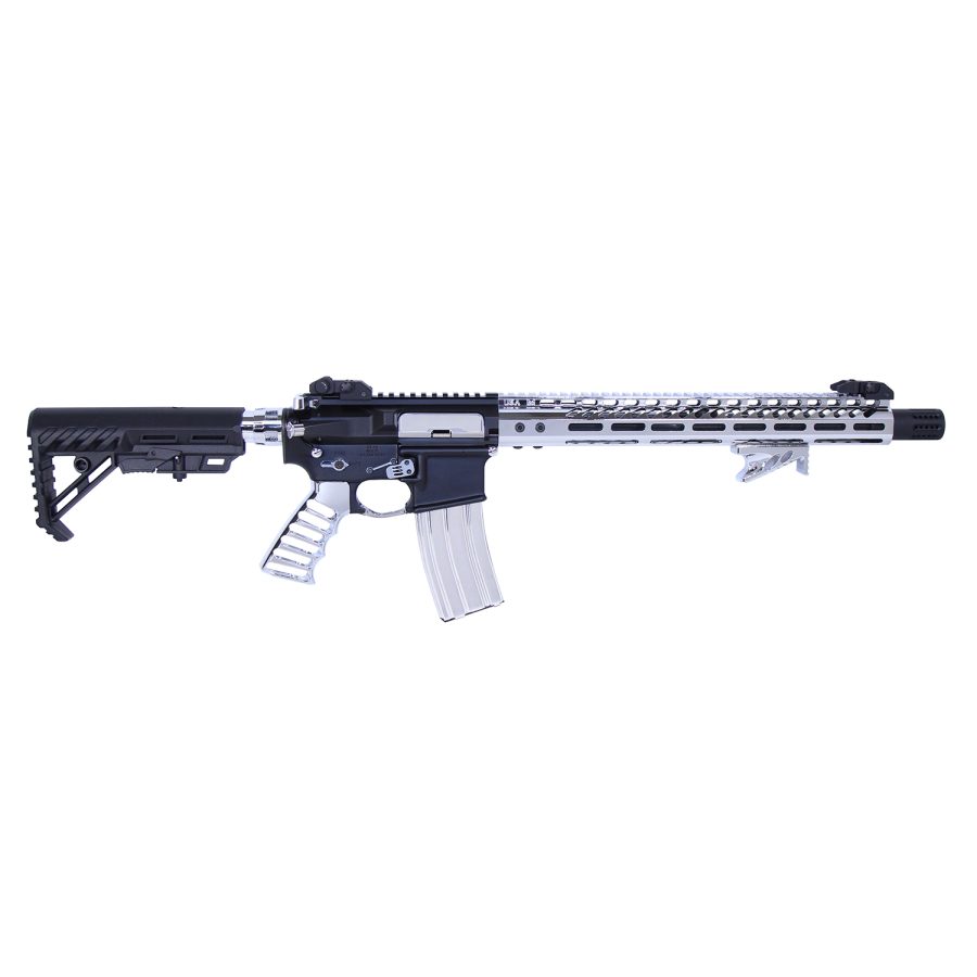 Modern AR-platform rifle with silver barrel, black finish, adjustable stock, and accessory rail.