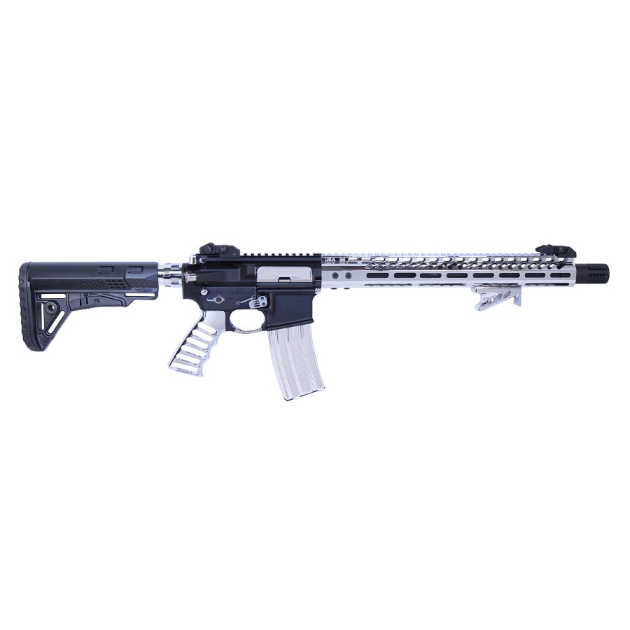 Two-tone AR-15 rifle with collapsible stock, ergonomic grip, and flip-up sights.