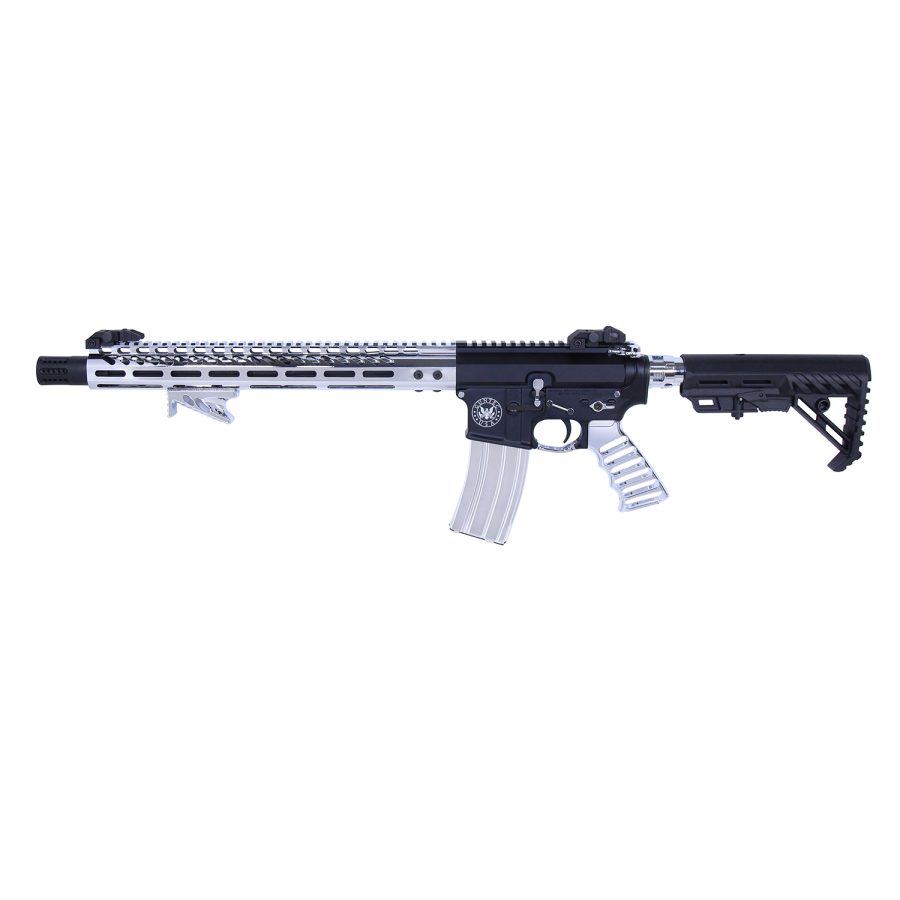 Two-tone tactical rifle with black receiver, silver handguard, rail system, adjustable stock, magazine.