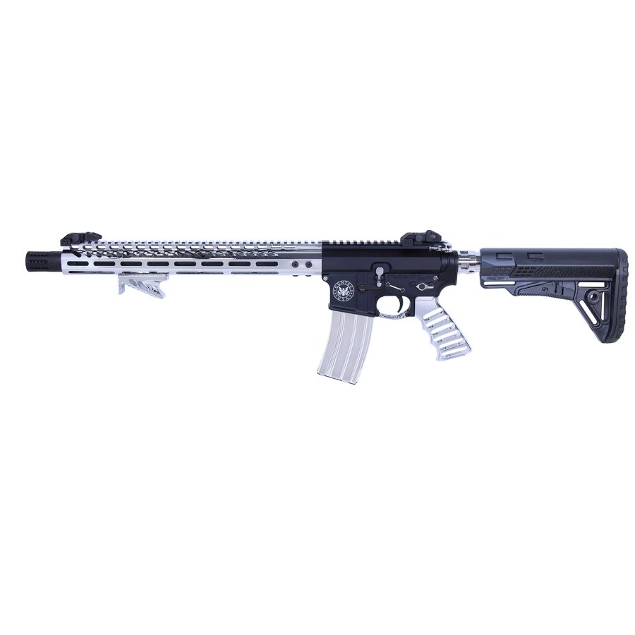 Modern AR-style tactical rifle with two-tone design, ergonomic features, and modular customization.