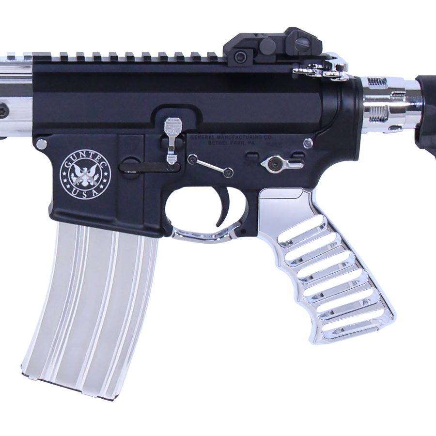 Custom Black and Chrome AR-15 Rifle with Picatinny Rail and Silver Grip.