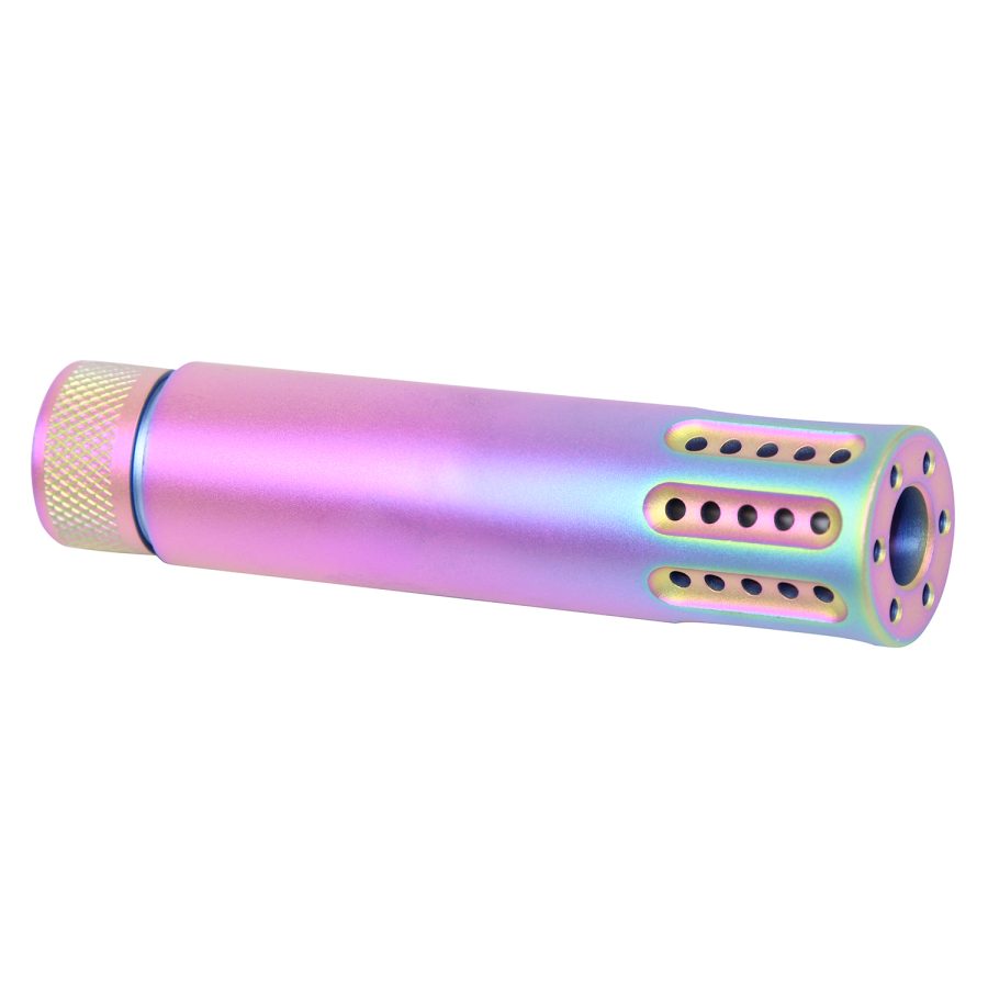 Chameleon finish firearm suppressor with knurled grip and perforated end for reduced noise.