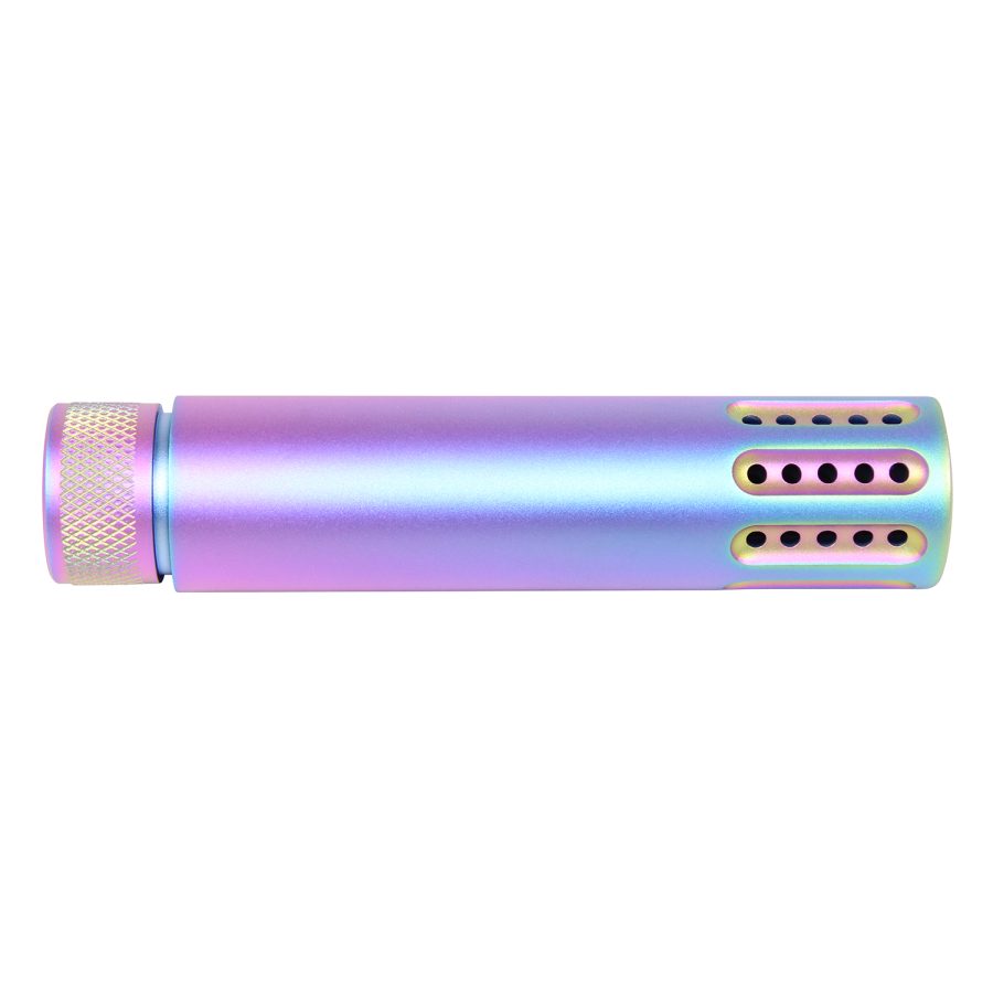 Iridescent anodized cylinder with textured grip and perforated end for sound or air flow.