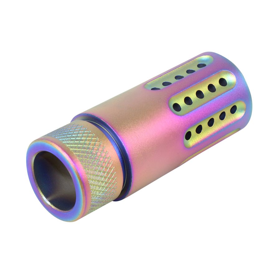 Iridescent metal cylinder with precision ports and knurled grip, anodized for durability and style.