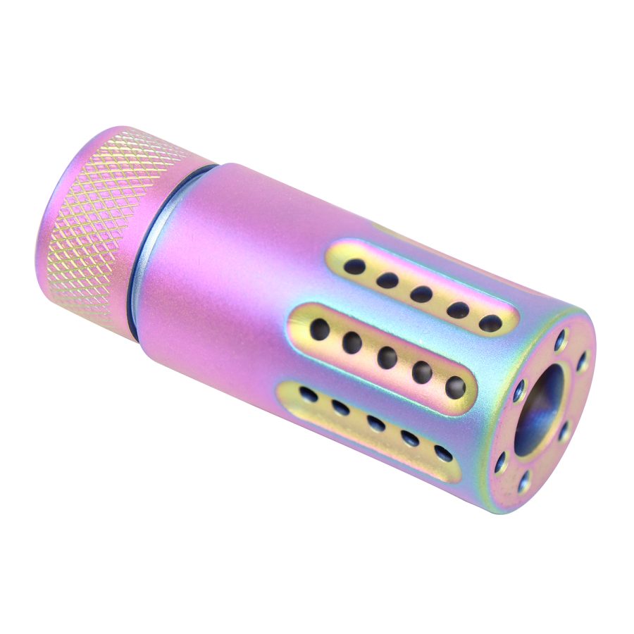 Iridescent muzzle device for firearms, with colorful finish, enhancing performance and aesthetics.