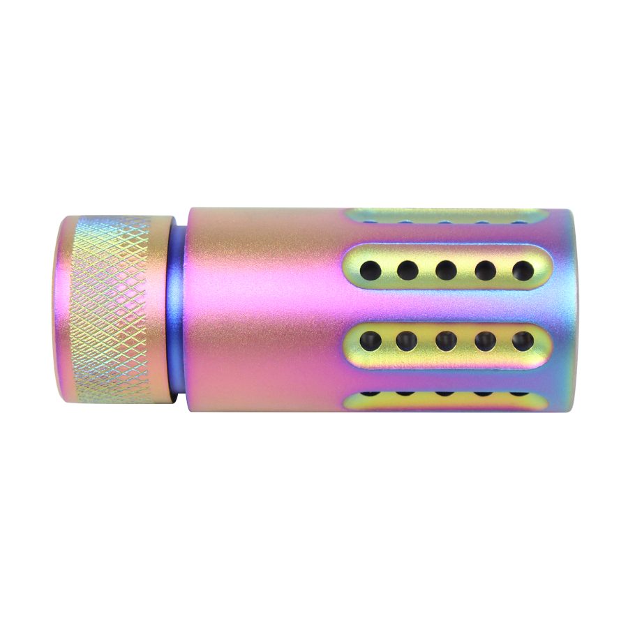 Iridescent muzzle brake with color-shifting hues, precision vents, and knurled grip for firearm customization.