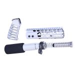 Chrome AR rifle components: handguard, pistol grip, and buffer tube for customization.