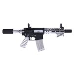Modern two-tone AR-style pistol with suppressor, skeletonized grip, and tactical rail system.