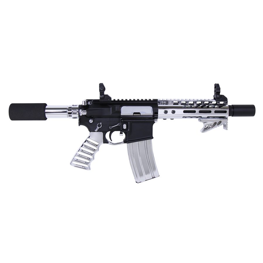 Modern two-tone AR-style pistol with suppressor, skeletonized grip, and tactical rail system.