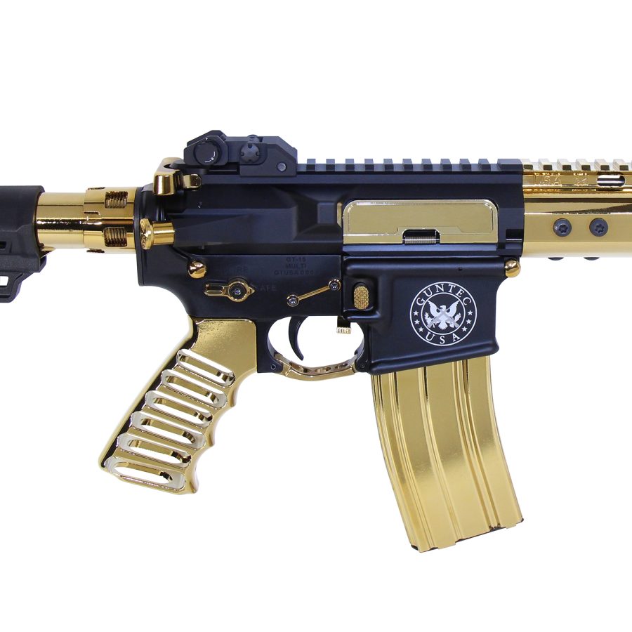 Black and gold custom AR-style rifle by GUNTEC USA with luxurious detailing.