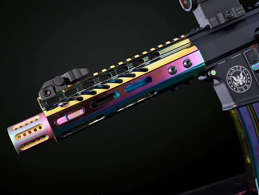 Custom AR rifle with iridescent finish by GUNTECH USA, showcasing precision and craftsmanship.