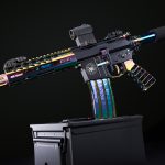 Custom AR-15 with iridescent rainbow PVD finish on a black background.