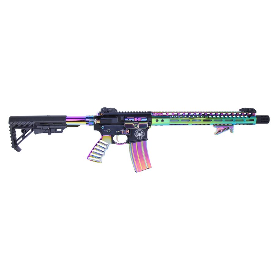 Custom AR-style rifle with iridescent finish, rainbow hues, and black tactical components.