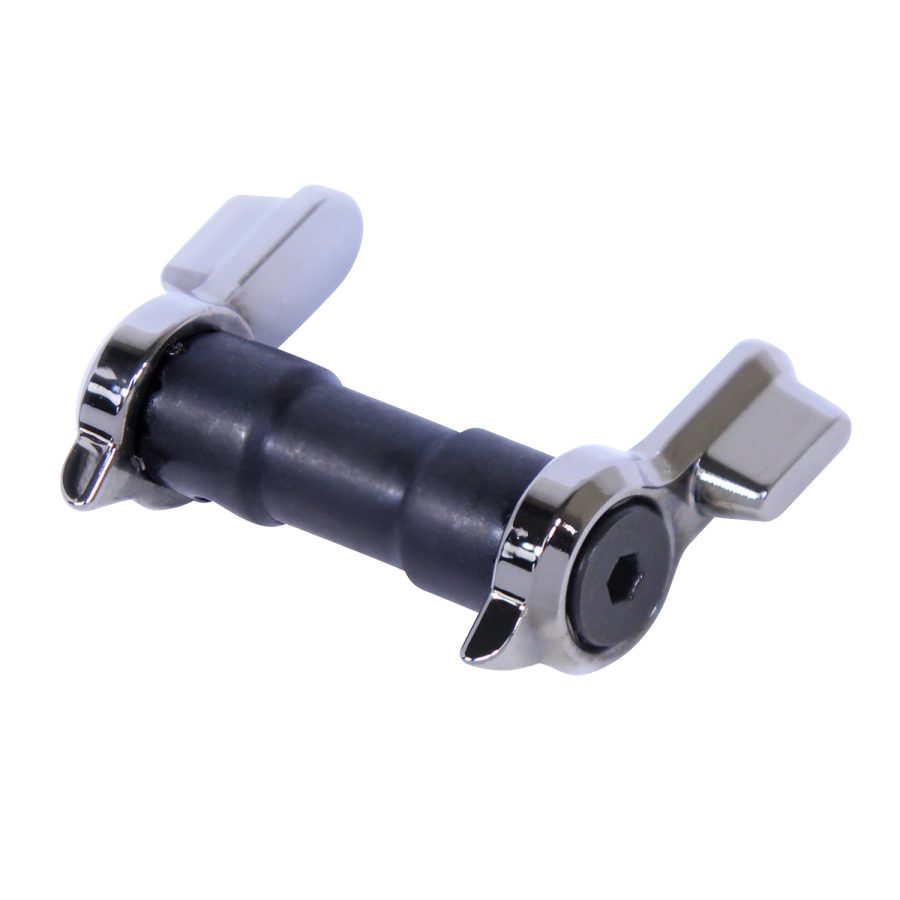 Precision roller assembly with black grooved cylinder, metal brackets, gray wing-like extensions.