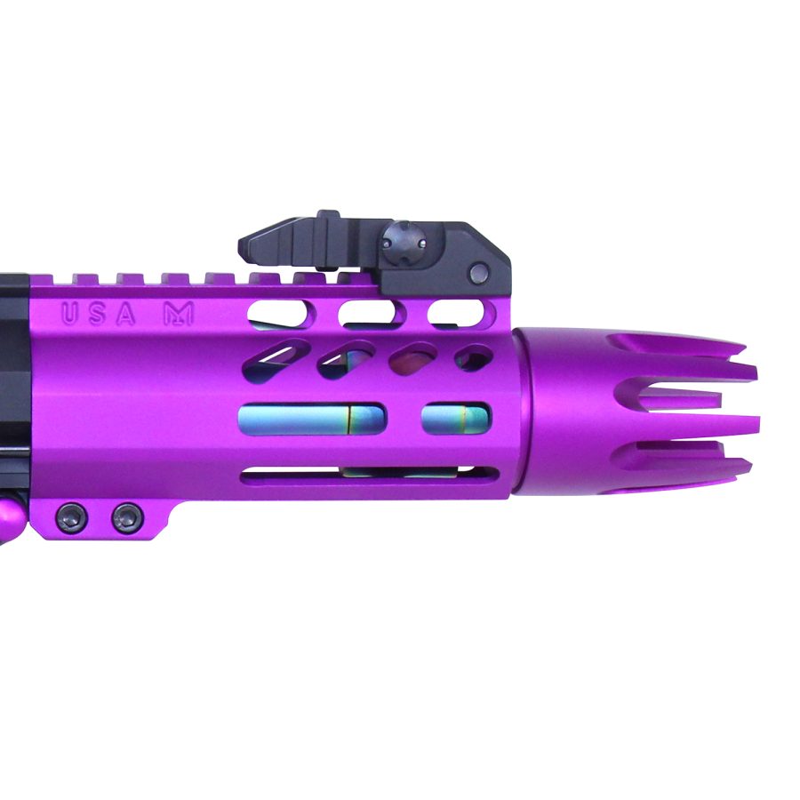 Purple anodized firearm barrel assembly with ventilation holes, Picatinny rail, and flash hider.