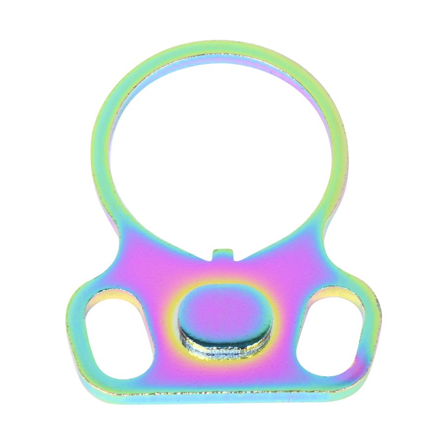 Iridescent metal sling mount with chameleon finish, green top ring, cutouts, and central slot.