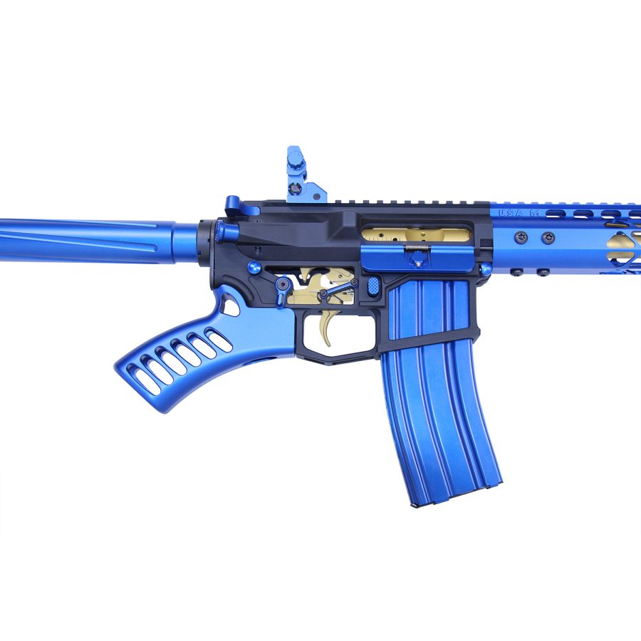 Custom blue & black AR rifle with gold accents, designed for competition and display purposes.