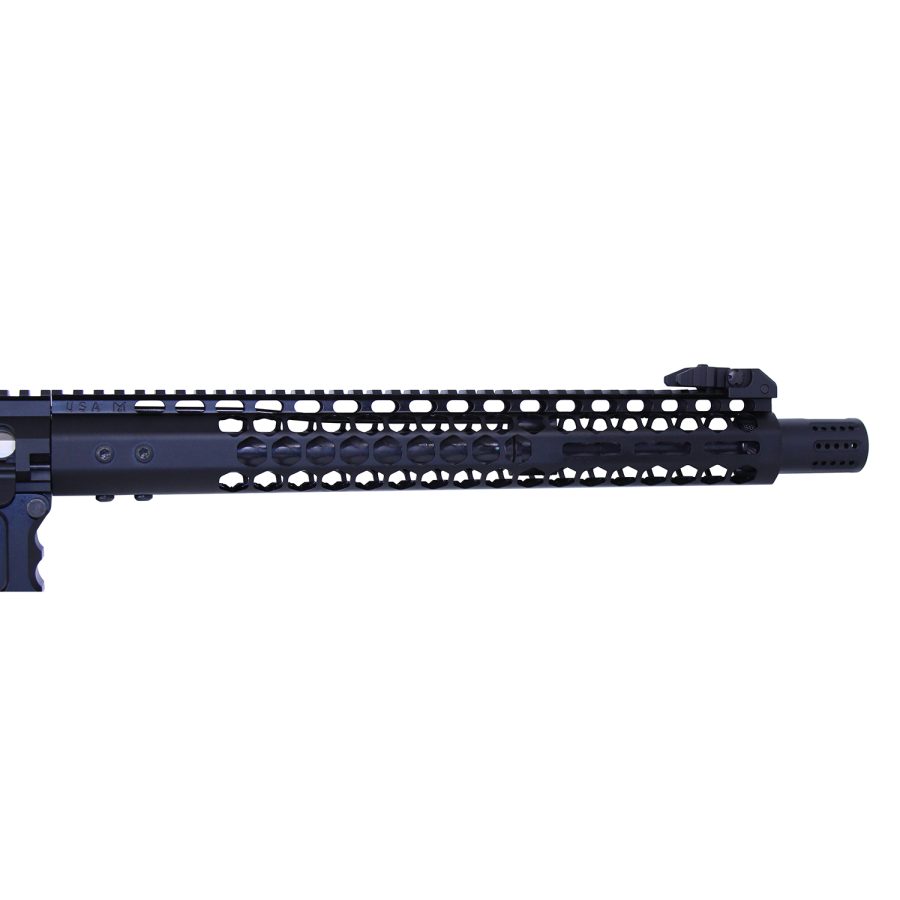 Close-up of tactical firearm barrel with KeyMod handguard, matte black finish, threaded for custom setup.