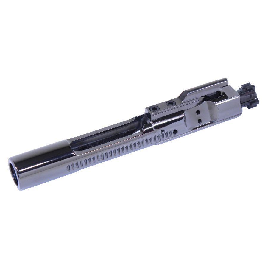 Polished AR-15 Bolt Carrier Group enhances performance with reflective finish and precision machining.