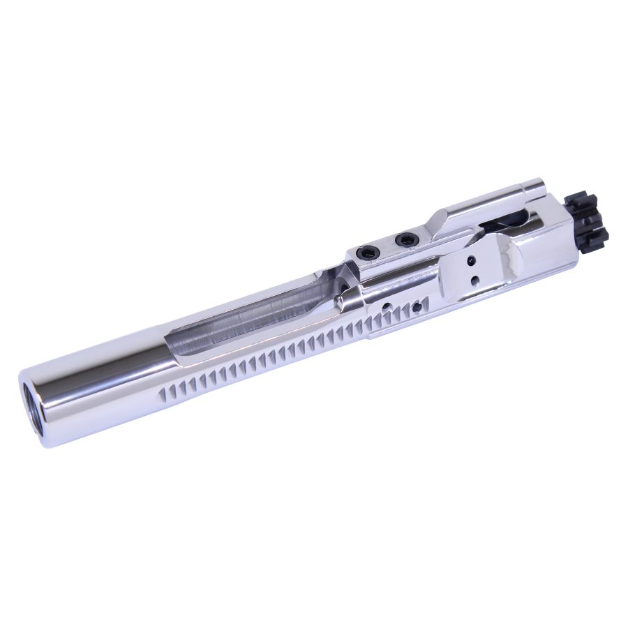 Polished AR-15 bolt carrier group, stainless or nickel-plated, precision engineered for reliable performance.