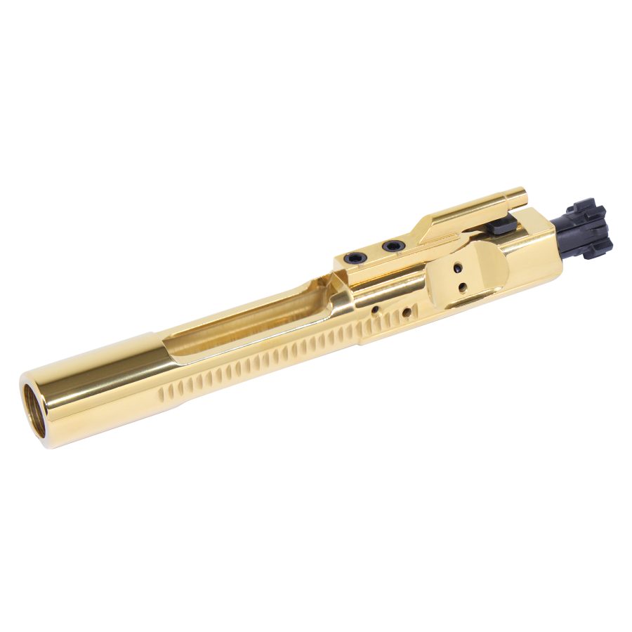 Gold-plated AR-15 bolt carrier group with titanium nitride coating and black gas key fasteners.