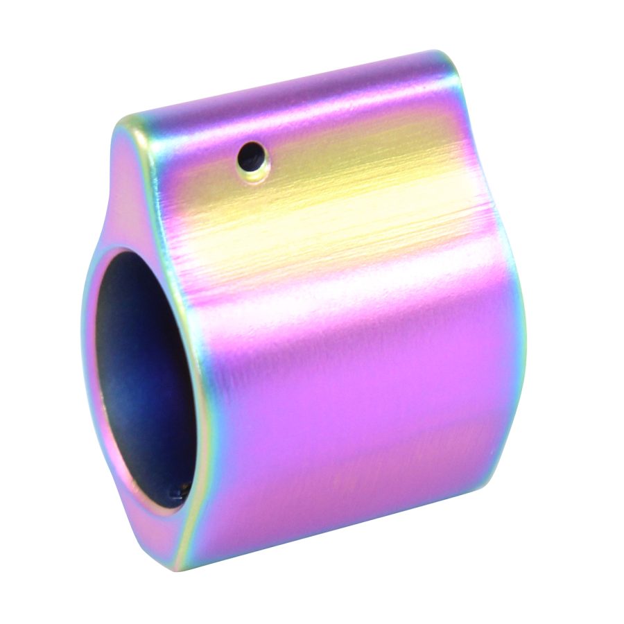 Iridescent cylindrical firearm part with a rainbow finish, highlighting modern gun customization.