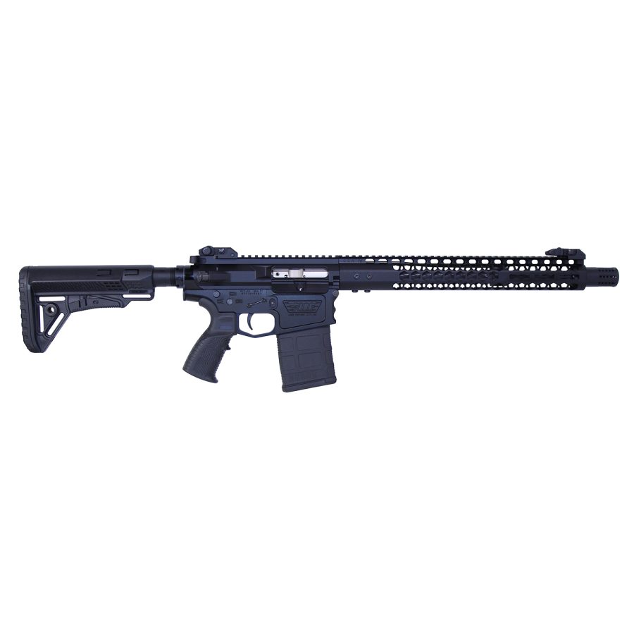 Black modular AR-style rifle with rail system, adjustable stock, showcasing precision engineering.