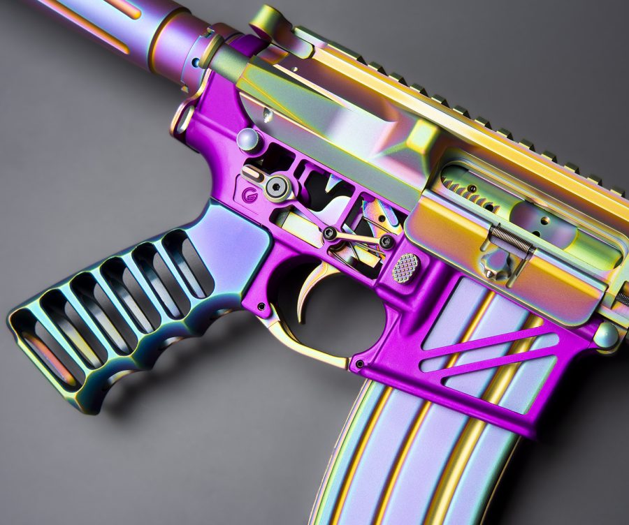 Iridescent assault rifle with prismatic purple, gold, blue, green finish.