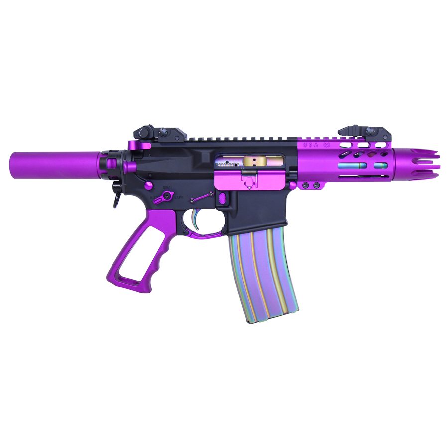 Custom purple AR-style firearm with iridescent magazine, featuring black accents and unique design elements.