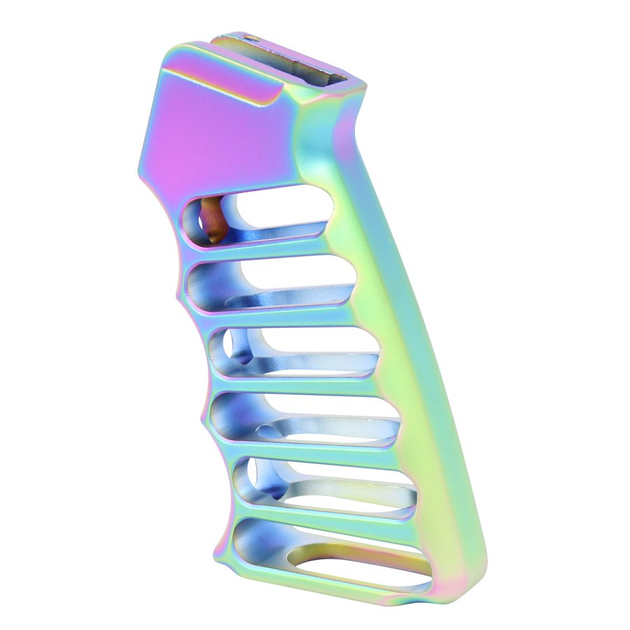 Iridescent pistol grip with ergonomic design, vibrant rainbow colors, and artistic anodized finish.
