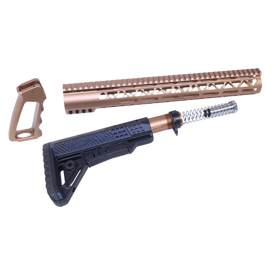 Premium AR rifle accessories in bronze and black: rail, stock, and ergonomic grip.