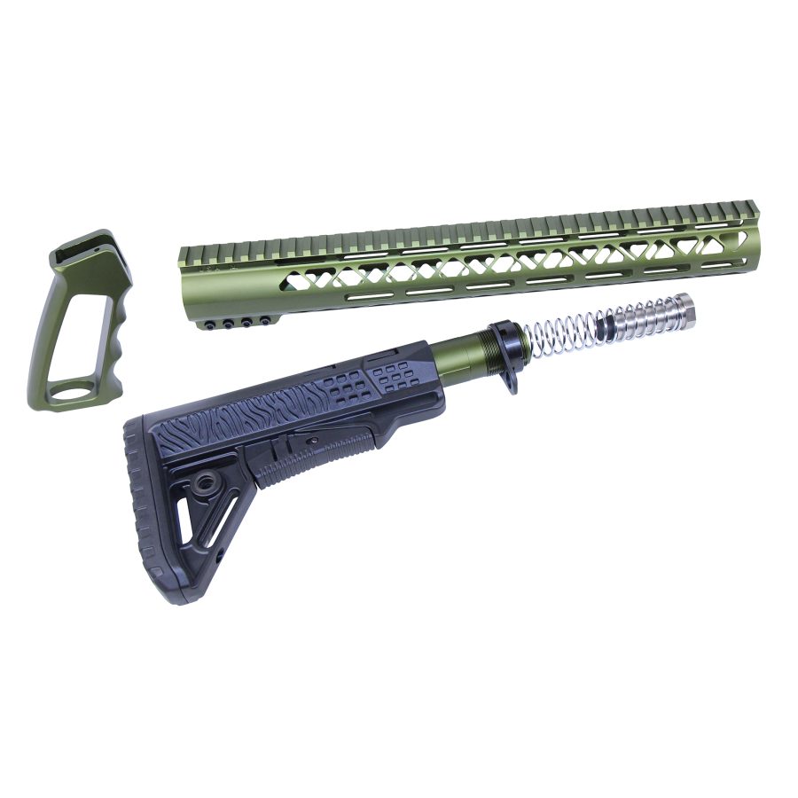 Olive and black custom rifle parts set with handguard, recoil spring, and adjustable stock.