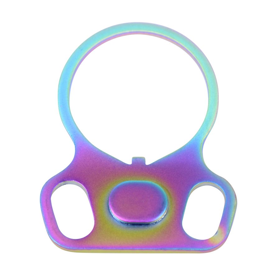Rainbow titanium sling loop with iridescent finish, tactical design, and durable construction.