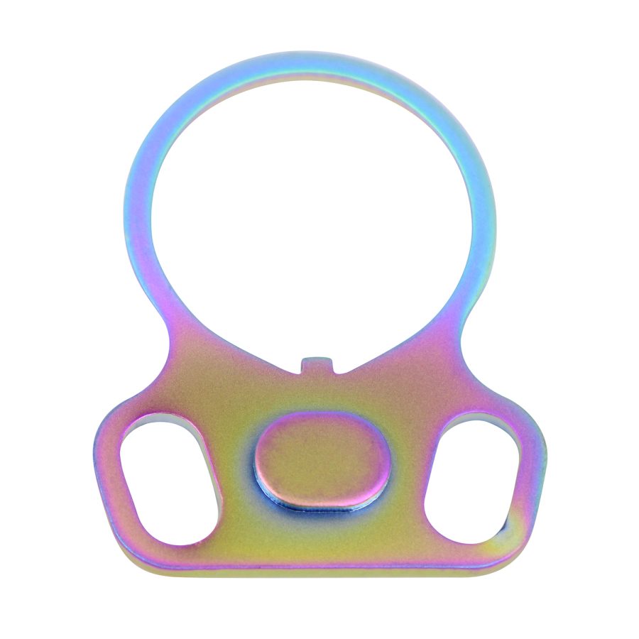 Iridescent metal sling mount with rainbow anodized finish for tactical gear.