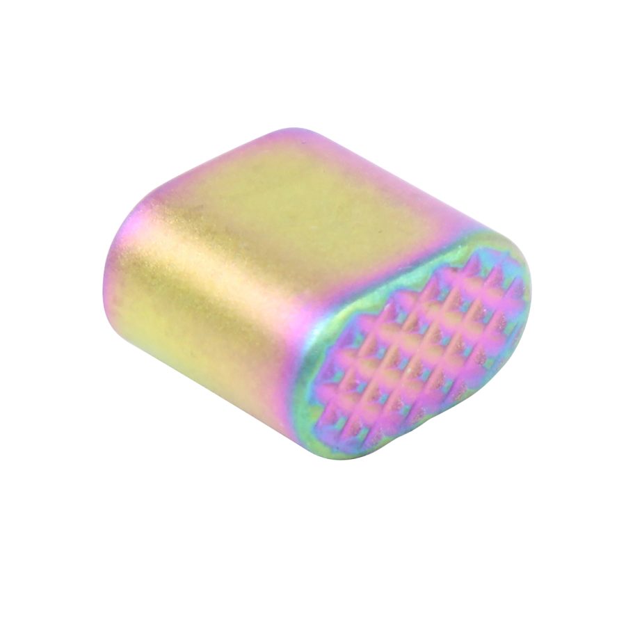 Iridescent metallic component with holographic finish, showcasing colorful textures and industrial use.