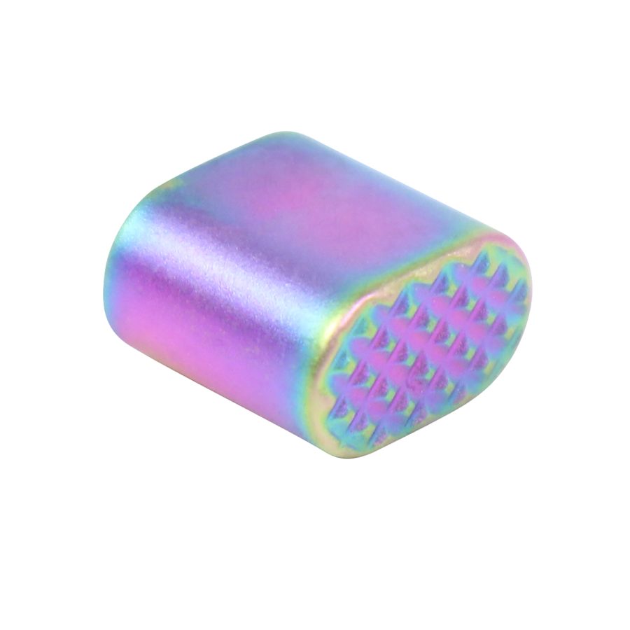 Iridescent cylindrical component with textured end, featuring gradient colors; ideal for electronics or engineering.