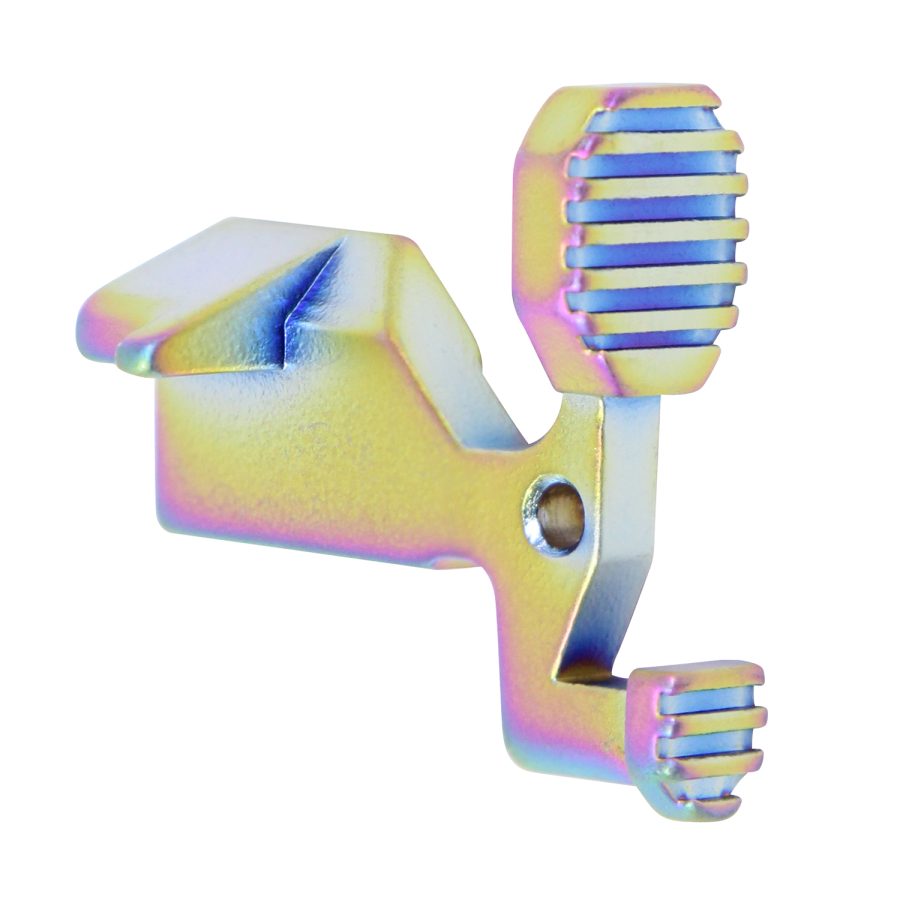 Iridescent precision-engineered metallic component with rainbow hues, featuring blade edge and ridged design.